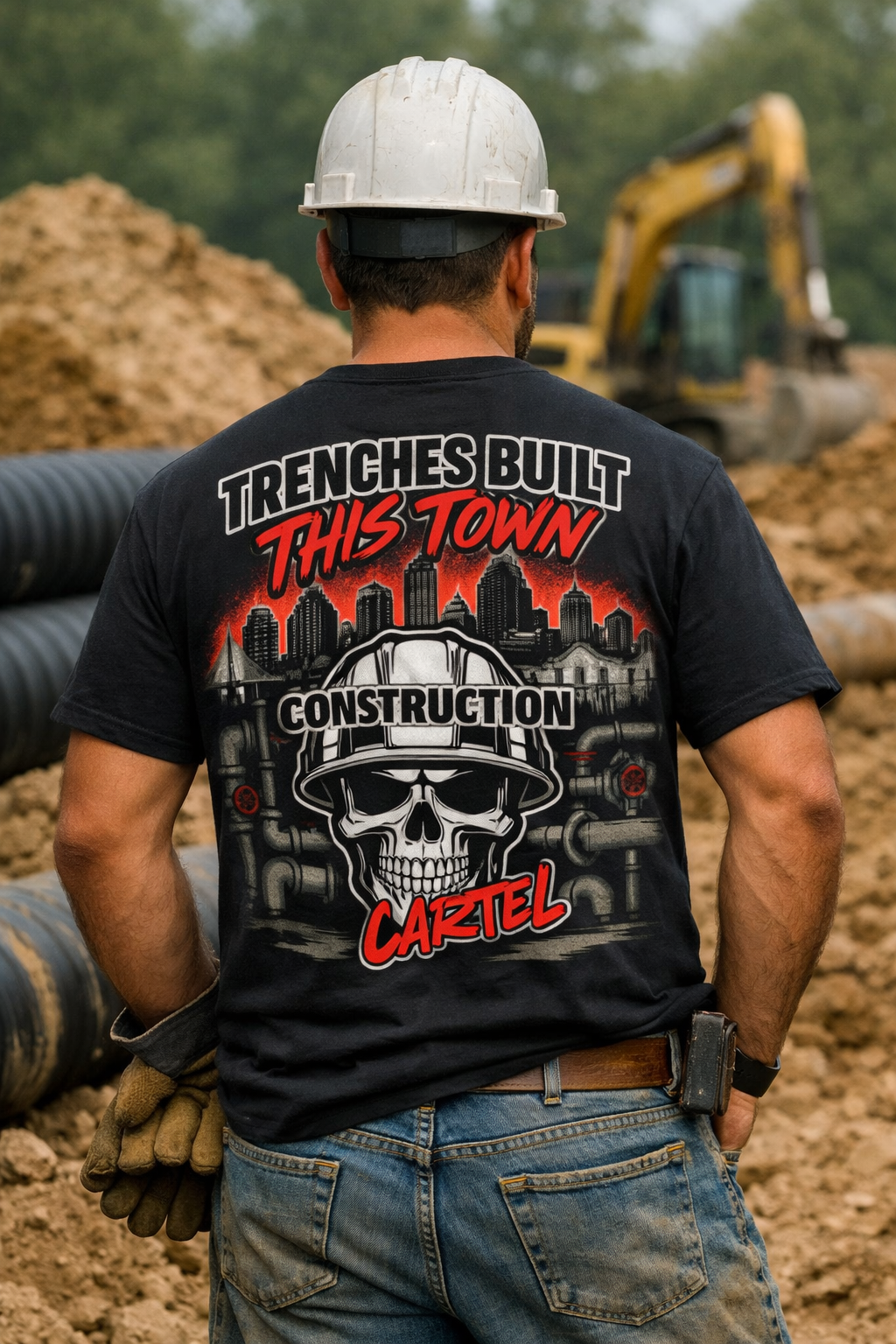 Worker wearing the Trenches Built This Town shirt