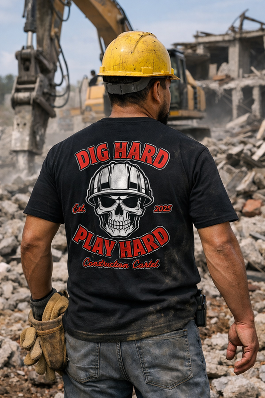 Worker wearing the Dig Hard Play Hard shirt