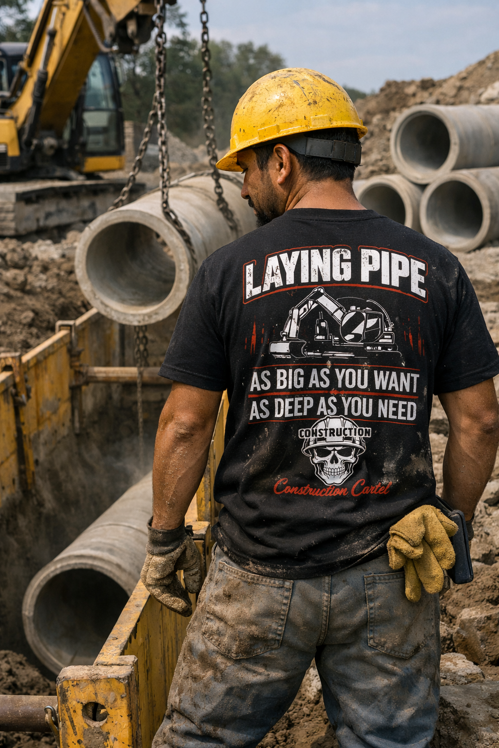 Worker wearing the Laying Pipe shirt