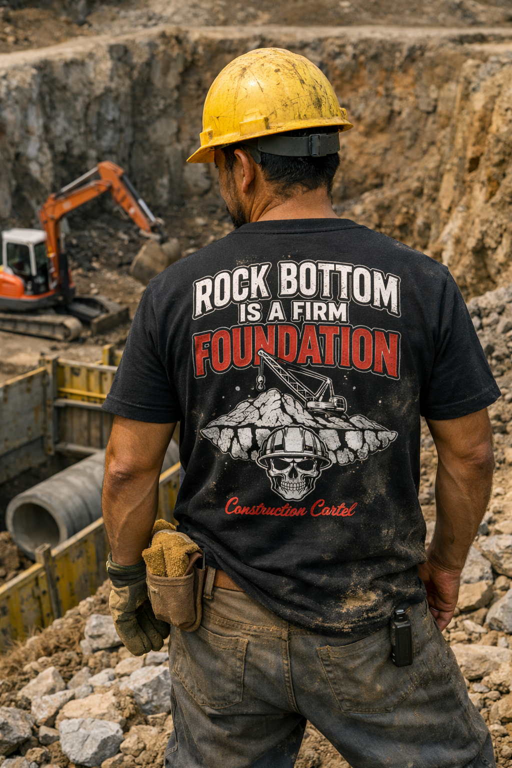 Worker wearing the Rock Bottom is a Firm Foundation shirt