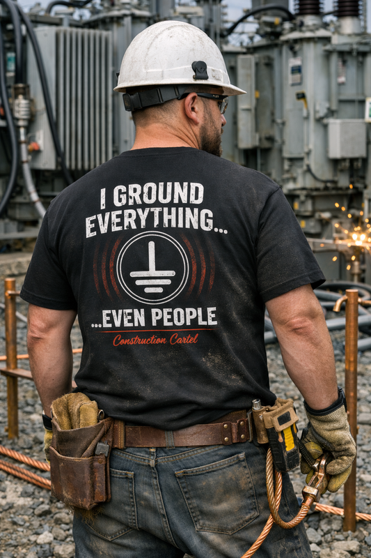 Worker wearing the I Ground Everything (Even People) shirt