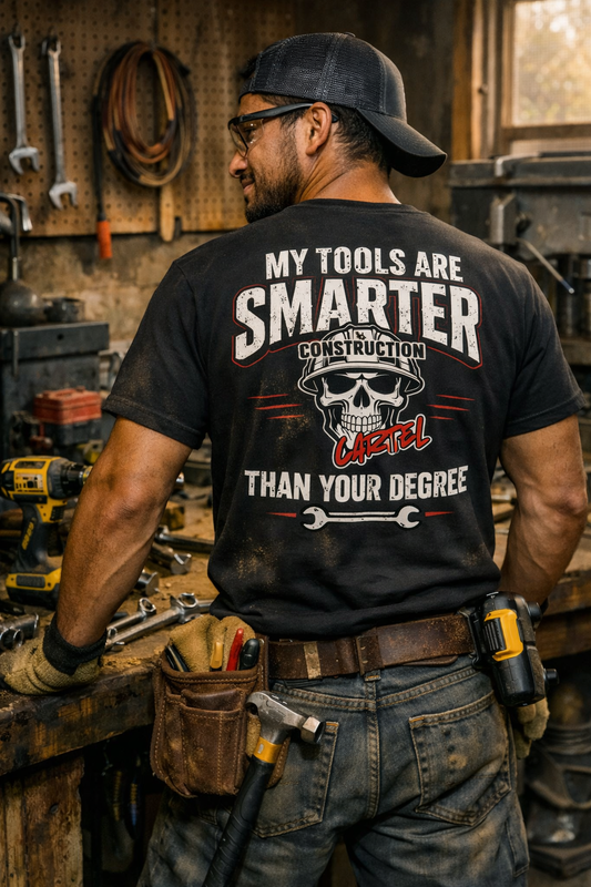 Worker wearing the My Tools Are Smarter Than Your Degree shirt