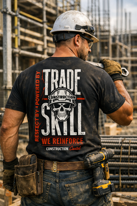 Worker wearing the Powered By Trade, Respect By Skill shirt